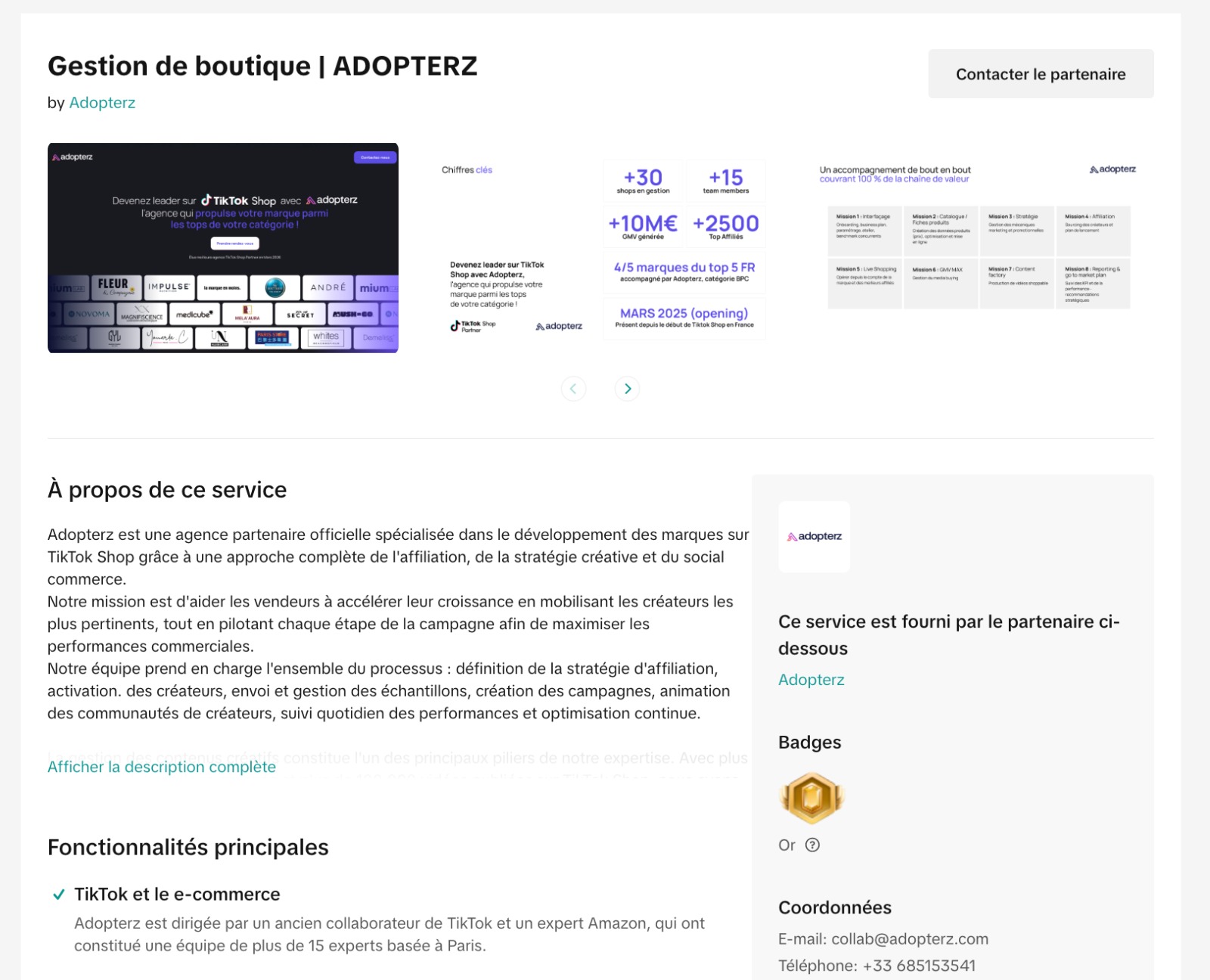 Fiche partenaire officielle TikTok Shop d'Adopterz avec le badge Or